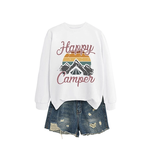 Women Sweatshirt Cotton Blend Happy Camper Print Crew Neck Long Sleeve Casual Loose Vintage Outdoor Style Top