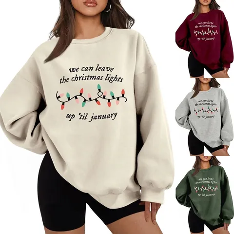 Dames Kerstverlichting Print Fleece Sweatshirt Lange Mouw Ronde Hals Los Dik Warm Vakantie Pullover Top