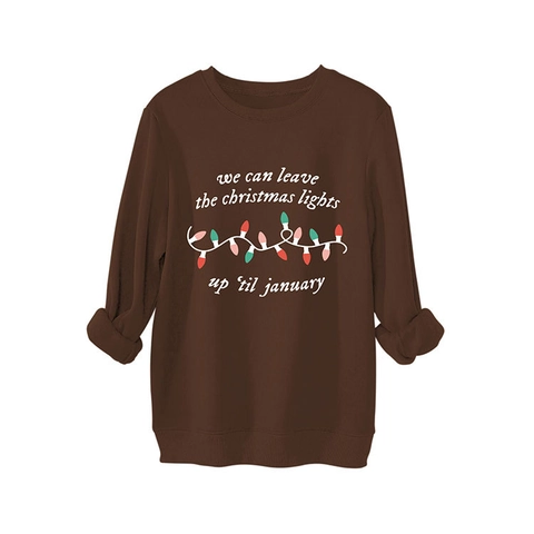 Dames Kerstverlichting Print Fleece Sweatshirt Lange Mouw Ronde Hals Los Dik Warm Vakantie Pullover Top