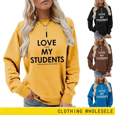 Sweat-shirt Décontracté pour Femmes avec Impression de Lettres Col Rond Manches Longues Mélange de Coton