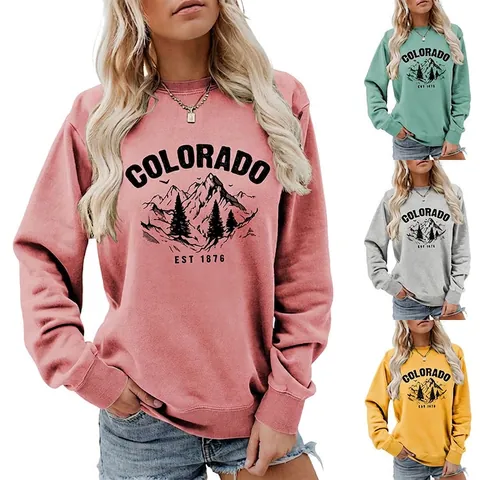 Sweatshirt Femme Col Rond Imprimé Graphique Montagne Rétro Décontracté Ample Manches Longues Pull Mode Automne Hiver