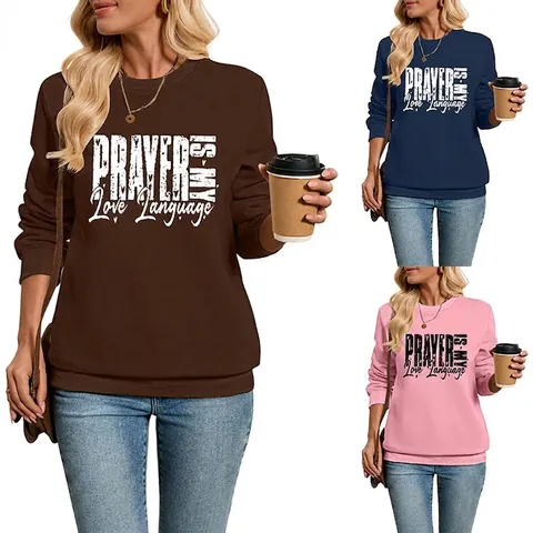 Felpa Donna Girocollo Cotone Foderata In Pile Manica Lunga Prayer Is My Love Language Slogan Streetwear Pullover