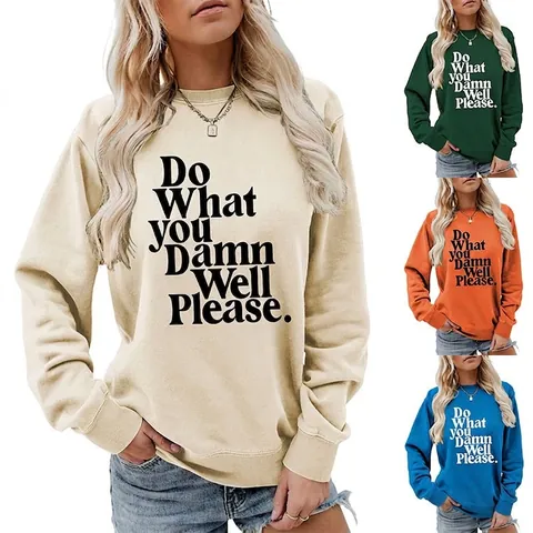 Felpa Donna Girocollo Manica Lunga Stampa Slogan Casual Largo Pullover Misto Cotone Top Sportivo