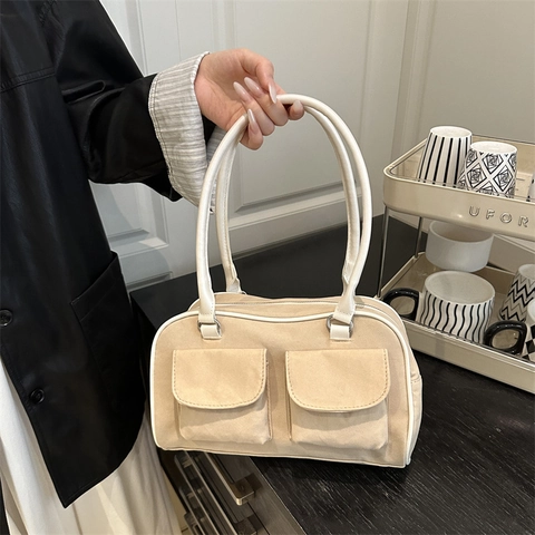 Borsa a Tracolla Retro in Tessuto Scamosciato Doppia Tasca Frontale Sottobraccio da Donna Pendolare Elegante Boston Bag