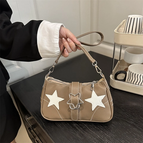 Borsa Sottobraccio Trendy Y2K in Pelle PU con Motivo a Stelle per Donna Cuciture a Contrasto Fibbia a Stella in Metallo