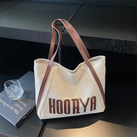 Borsa Tote in Tela da Donna Grande Capacità Minimalista Stampa di Lettere Con Manici in Pelle Casual Pendolarismo Borsa a Spalla