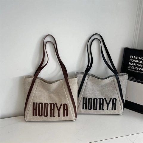 Borsa Tote in Tela da Donna Grande Capacità Minimalista Stampa di Lettere Con Manici in Pelle Casual Pendolarismo Borsa a Spalla