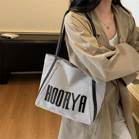 Women Large Capacity Canvas Tote Bag Letter Print Shoulder Bag Casual Versatile Commute Handbag For Work And School