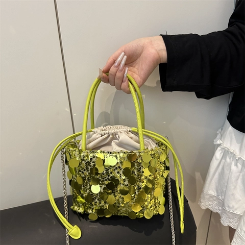 Sequin Bucket Bag For Women Fashion Bling Drawstring Handbag With Metal Chain Strap Party Trendy Crossbody Bag
