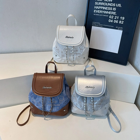 Mini Sac à Dos en Cuir PU Mode pour Femmes Imprimé Chat de Dessin Animé Décor de Chaîne Petit Sac d'École Filles Voyage Décontracté