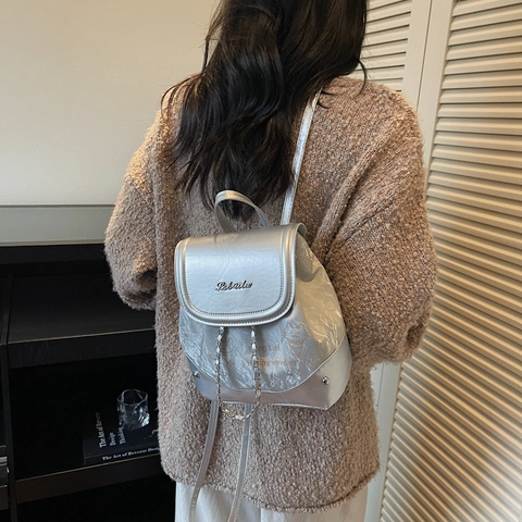 Damen Stilvoller Mini PU Leder Rucksack Cartoon Katze Druck Patchwork Denim Schultasche Kleiner Rucksack Mit Kettendekor