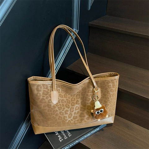 Bolso Tote Vintage Con Estampado De Leopardo Para Mujer De Gran Capacidad En Ante PU Bolso De Hombro Casual Para Viaje Diario Urbano Con Colgante