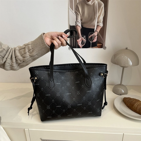 Women Tote Bag PU Leather Large Capacity Monogram Print Handbag Casual Commute Korean Style Shoulder Bag Zipper Closure