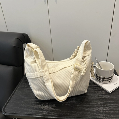 Women Corduroy Hobo Crossbody Bag Large Capacity Minimalist Dumpling Bag With Braided Rope Zipper Pull For Student Daily Use