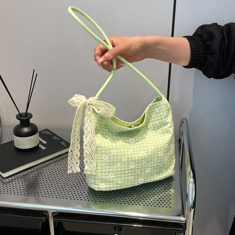 Borsa a Spalla da Donna in Tela a Quadretti Floreale Dolce Fiocco in Pizzo Decorazione Piccola Borsa a Mano Estate Spiaggia Stile Mori