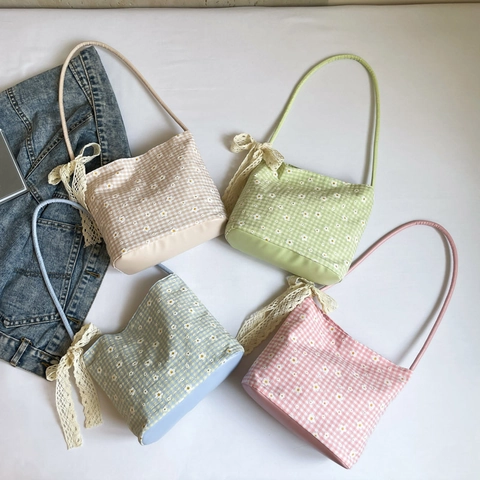 Borsa a Spalla da Donna in Tela a Quadretti Floreale Dolce Fiocco in Pizzo Decorazione Piccola Borsa a Mano Estate Spiaggia Stile Mori
