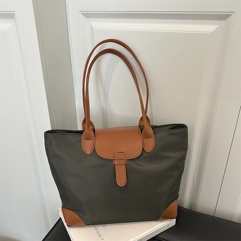 Bolso Tote Grande De Nailon Impermeable Patchwork Cuir PU Bolso De Hombro Mujer Casual Trabajo Viaje Estilo Retro