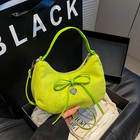 Suede Hobo Shoulder Bag With Bow Decor And Heart Pendant Underarm Crossbody Handbag For Women