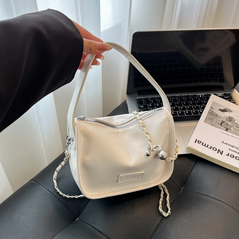 Minimalist PU Leather Shoulder Bag For Women Solid Color Handbag With Chain Strap Fashion Tag Zip Closure Crossbody Bag