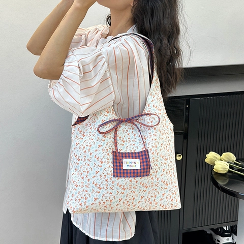 Borsa Tote da Donna Coreana Floreale Plaid Reversibile Grande Capacità Casual in Tela Borsa a Tracolla per Scuola Pendolarismo