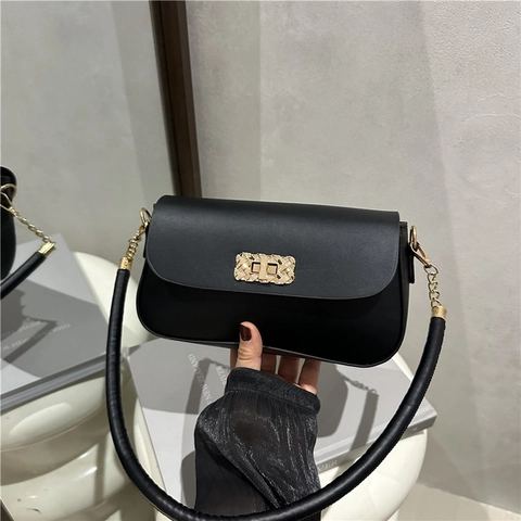 Women Minimalist PU Leather Shoulder Underarm Bag With Woven Metal Buckle Solid Color Chain Strap Daily Fashion Square Bag