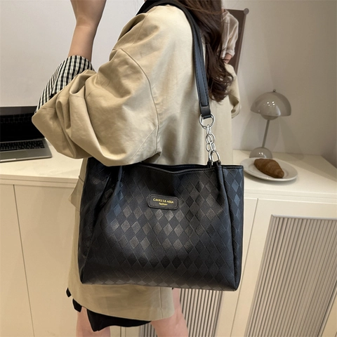Borsa Tote In Pelle PU Con Motivo A Rombi Grande Capacità Borsa A Spalla Con Dettaglio Catena Per Donna Moda