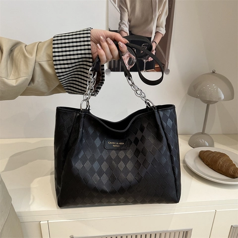 Borsa Tote In Pelle PU Con Motivo A Rombi Grande Capacità Borsa A Spalla Con Dettaglio Catena Per Donna Moda