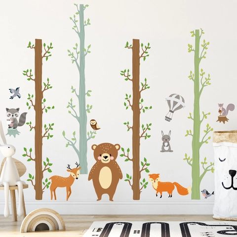 Forest Animal Wall Stickers PVC Cartoon Tree Bear Deer Decals For Kids Nursery Room Decor Hand-Drawn Style