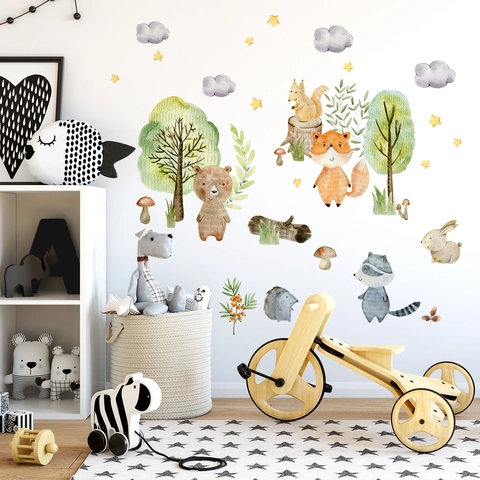 Watercolor Forest Animal Wall Stickers PVC Removable Trees Clouds Stars Fox Bear Hedgehog Decals For Nursery Kids Room Home Decor