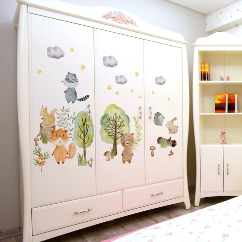 Watercolor Forest Animal Wall Stickers PVC Removable Trees Clouds Stars Fox Bear Hedgehog Decals For Nursery Kids Room Home Decor