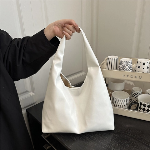 Women Large Capacity PU Leather Shoulder Bag Commuter Tote Bag Minimalist Litchi Grain Glossy Hobo Bag Underarm Bag For Lady