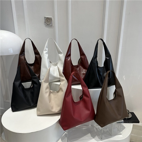 Women Large Capacity PU Leather Shoulder Bag Commuter Tote Bag Minimalist Litchi Grain Glossy Hobo Bag Underarm Bag For Lady