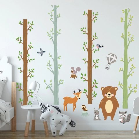 Forest Animal Wall Stickers PVC Cartoon Tree Bear Deer Decals For Kids Nursery Room Decor Hand-Drawn Style