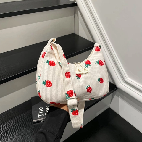 Sac Sous le Bras en Velours Côtelé Imprimé pour Femme Décontracté Floral Fraise Cerise Nœud Petit Sac Hobo Sac à Épaule Main Polyvalent Quotidien