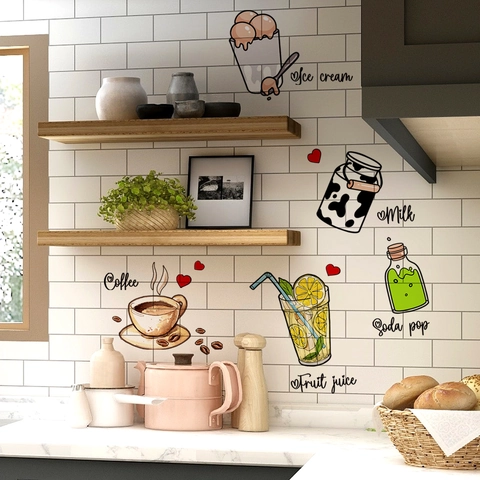 Cartoon Koffie Melk Ijs Drank Muurstickers Voor Keuken Eetkamer Handgetekende PVC Waterdichte Decoratieve Decals