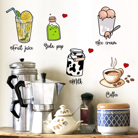 Cartoon Koffie Melk Ijs Drank Muurstickers Voor Keuken Eetkamer Handgetekende PVC Waterdichte Decoratieve Decals