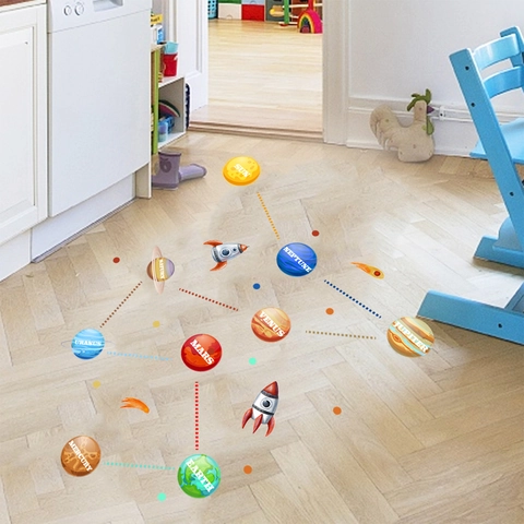 Solar System Planets Wall Stickers Space Cartoon Rocket Floor Decals Kids Room Educational PVC Waterproof Removable Decor