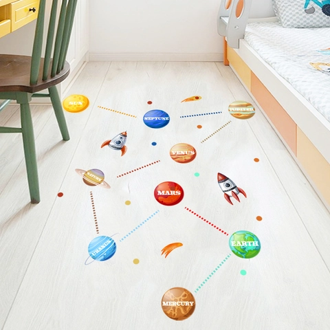 Solar System Planets Wall Stickers Space Cartoon Rocket Floor Decals Kids Room Educational PVC Waterproof Removable Decor