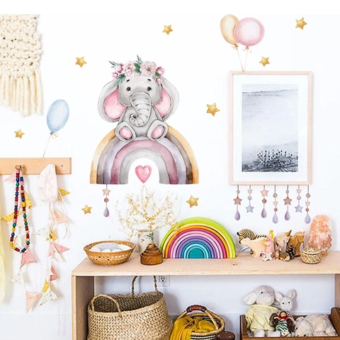 Stickers Muraux Éléphant Arc-en-Ciel Lune Aquarelle Dessin Animé Animal Étoiles Nuages Pour Chambre D'Enfants Crèche Décor PVC Amovible