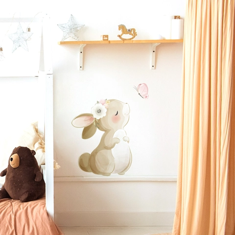 Cartoon Rabbit Butterfly PVC Wall Sticker Watercolor Floral Decorative Decal For Kids Room Nursery Bedroom Home Decor
