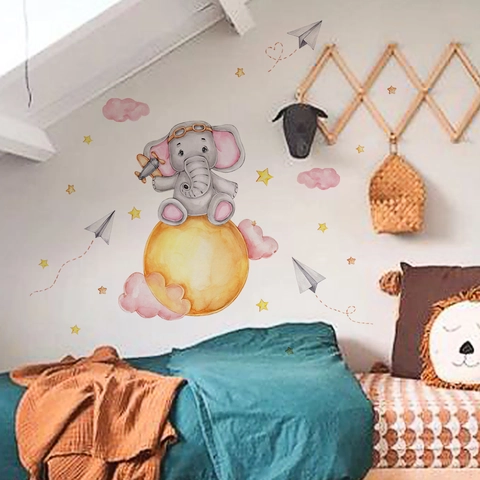 Stickers Muraux Éléphant Arc-en-Ciel Lune Aquarelle Dessin Animé Animal Étoiles Nuages Pour Chambre D'Enfants Crèche Décor PVC Amovible
