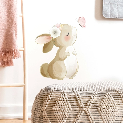 Cartoon Rabbit Butterfly PVC Wall Sticker Watercolor Floral Decorative Decal For Kids Room Nursery Bedroom Home Decor