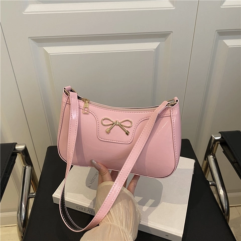 Bolso de Axila de Cuero Chari con Lazo para Mujer Moda Y2K PU Bolso de Hombro Bolso Cuadrado Pequeño Color Sólido