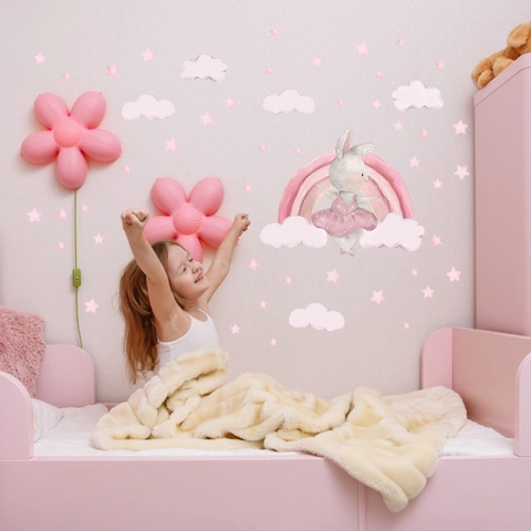 Pink Rabbit Rainbow Cloud Wall Stickers For Kids Girls Bedroom Nursery DIY PVC Cartoon Animal Decal Room Decoration