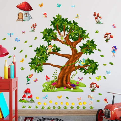 Forest Tree Mushroom House Wall Stickers Fairy Butterfly Floral Cartoon Decals For Kids Room Bedroom Nursery Wall Decor