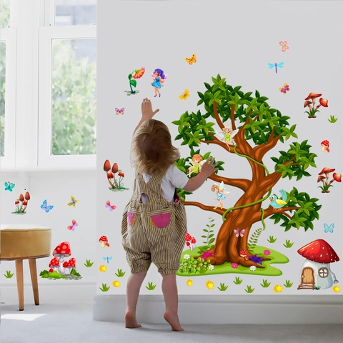 Forest Tree Mushroom House Wall Stickers Fairy Butterfly Floral Cartoon Decals For Kids Room Bedroom Nursery Wall Decor