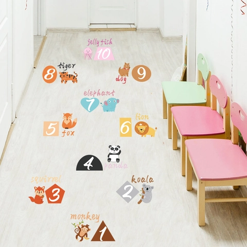 Educational Cartoon Animal Numbers Hopscotch Floor Stickers PVC Self Adhesive Wall Decals For Kids Room Nursery Decor