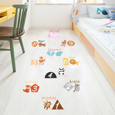 Educational Cartoon Animal Numbers Hopscotch Floor Stickers PVC Self Adhesive Wall Decals For Kids Room Nursery Decor