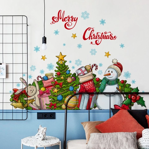 Pegatinas De Pared De Navidad PVC Autoadhesivas Muñeco De Nieve Árbol Dibujos Animados Decoración Festiva Para Salón
