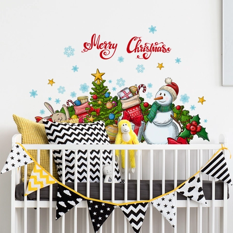 Pegatinas De Pared De Navidad PVC Autoadhesivas Muñeco De Nieve Árbol Dibujos Animados Decoración Festiva Para Salón
